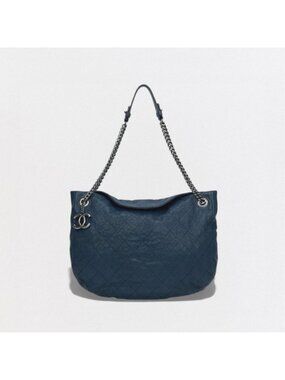 Chanel Wild Stitch Quilted Tote Caviar Leather Blue Gunmetal CC Logo Chain